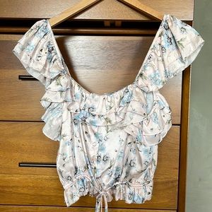 LoveShackFancy Pink Floral Ruffle Crop Top with Blue Accents